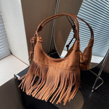 THEMEISLES Autumn and Winter  New Leather Tassel Women's Shoulder Bag Stylish Good Texture Retro Shoulder Crossbody Simple Women's Bags