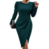 THEMEISLES 2025 Autumn and Winter Crew Neck Temperament Elegant Waist Irregular Split Dress