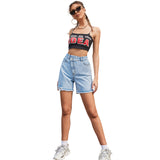 35005#   Women's Clothing European and American Ins Spring and Summer Fashion High Waist Loose and Slimming Raw Edge Denim Shorts