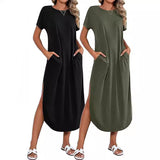 THEMEISLES European beautiful women's short-sleeved super long dress round neck casual loose split end long summer beach shirt with pockets