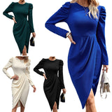 THEMEISLES 2025 Autumn and Winter Crew Neck Temperament Elegant Waist Irregular Split Dress