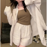 THEMEISLES Jinqian Homemade/Linen-like ~ Design Sense Casual Fashion All-Matching Loose Long Sleeve Shirt Shorts Suit Women's Spring and Summer 2025