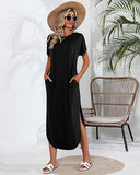 THEMEISLES European beautiful women's short-sleeved super long dress round neck casual loose split end long summer beach shirt with pockets