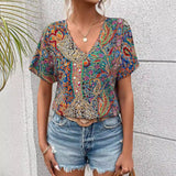 THEMEISLES New Women's Casual Dolman Sleeve Short Sleeve Western Style Trend Printed Loose Top V-neck T-shirt for Women