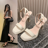 THEMEISLES New Summer Strap Black High-Heeled Sandals  New Women's All-Matching Outer Wear Square Toe Chunky Heel