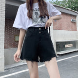 themeisles Internet Celebrity High Waist Double Breasted Denim Shorts Women's  Summer Thin Loose Hole Frayed A- line Wide-Leg Hot Pants a