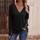 THEMEISLES 2025 2025 cross-border 2025 trade women's clothing  autumn and winter new solid color V-neck loose long-sleeved T-shirt buttons