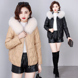 Haining sheepskin leather down jacket women's large size short fox fur collar thickened loose versatile down jacket