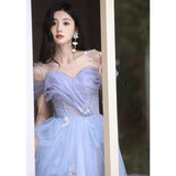 2025 Banquet evening dress women's 2025 spring new banquet super fairy one-word shoulder toast dress host performance dress dress