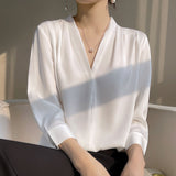 THEMEISLES Elegant Long Sleeve Blouse Women's Early Spring and Summer 24 New Artificial Silk Top Satin Chiffon V-neck Top 3/4 Sleeve