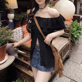 THEMEISLES Plus Size off-Shoulder Short-Sleeved Shirt for Women  New Summer Plump Girls Waist Slimming Sweet and Spicy Style Top Design