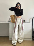 themeisles NEWn-Style Retro Hip Hop Drawstring Wide-Leg Pants Women's High Waist Loose Leisure Sports Straight Sweatpants Hip Hop Mop Pants Tide