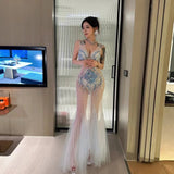 2025 KTV high-end heavy industry gorgeous perspective skirt champagne long high-end light luxury niche evening dress women popular new