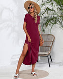 THEMEISLES European beautiful women's short-sleeved super long dress round neck casual loose split end long summer beach shirt with pockets