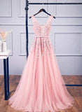 tmallworld Pink Tulle V-neckline Applique Prom Dress, Pink Gowns, Prom Dress