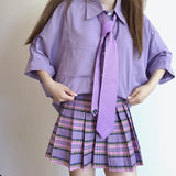 themeisles Purple Shirt Plaid Pleated Skirt Set SE20342