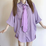 themeisles Purple Shirt Plaid Pleated Skirt Set SE20342