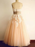 tmallworld Pearl Pink Tulle Strapless Sleeveless Ankle-Length Tulle Prom Dress with Appliques, Charming Tulle Gowns