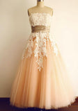 tmallworld Pearl Pink Tulle Strapless Sleeveless Ankle-Length Tulle Prom Dress with Appliques, Charming Tulle Gowns