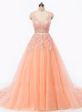 tmallworld Pearl Pink Tulle V-neckline Formal Gowns, Elegant Party Dress , Lace-up Formal Dresses