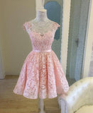 tmallworld Pink Elegant Lace High Low Formal Dress, Round Neckline Party Dress, Lace Applique Formal Dresses