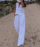 themeisles Summer White Linen Two Piece Set For Women Fashion Sleeveless Tank Top New In Matching High Waist Wide Pants Set