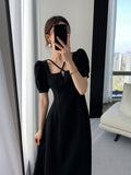 themeisles Summer Women Fashion Elegant Casual Solid Puff Sleeve Midi Dresses Evening Office Lady Female A Line Clothes Vestdios Black