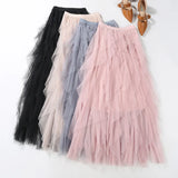 themeisles Tutu Tulle Midi Skirt Women Elegant Fashion High Waist  Irregular Pleated Mesh Long Skirt Spring Summer Party Female