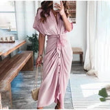 themeisles Women Summer Elegant Button Ruched Bandage Shirt Dress Fashion Casual Short Sleeve Solid V Neck Beach Maxi Dress