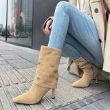 themeisles Autumn Shoes     Autumn Boots Women Cow Suede Leather Shoes for Women Square Toe Trouser Boots Bow-knot Thin Heel Shoes Black Western Boots