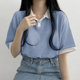 themeisles Spring Summer Autumn Korean Casual Polo T-Shirt Female Pullover Fashion Women Blouse Simple Preppy Style Student Loose Soft