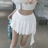 themeisles Ruffle Mini Skirt Women Chiffon Patchwork Ribbon Blue High Waist Fairycore Tulle Skirt Shorts Cute Sexy Skort Summer