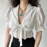 themeisles Ruffle White Shirt Women Crop Top Sexy Hollow Out Elegant Puff Sleeve V-neck Bow Lace-up Blouses Summer Cute Short Shirt