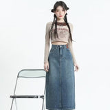 themeisles Retro Denim Skirt For Women Spring And Autumn New Summer Mid Length Slim A-line Split Long Skirt Skirt