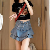 themeisles Lazy Skirt Harajuku Simple And Versatile Trend Women Ins Solid Color New A-type Midskirt High Waist Literary Denim Skirt