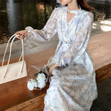 themeisles Summer Basic Long Dress Long Sleeve V-Neck Floral Printed Retro Vintage A-Line Women Dresses Chic Korea Fashion Vestidos