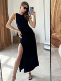 themeisles Knitting Split Women Dress Sexy Slim Sleeveless Hip Package Midi Dresses Female Spring Summer Fashion Solid Ladies Vestido