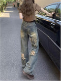 themeisles Perforated Jeans, Summer Loose Straight Leg Wide Leg Pants, Niche Stitching, Old Beggar Pants, Women's Jeans