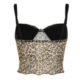 themeisles Leopard Print Mesh Camis Streetwear Y2K Vintage Lace Bow see Through Sexy Summer Backless Crop Top Women Mini Vest