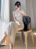 themeisles Korea Summer New Women White Elegant V-neck Knit Slip Long Dress French Black Sexy Club Slim Prom Evening Party Fishtail Dresses