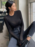 themeisles Basic Cotton Summer T Shirt Women Long Sleeves Tee Shirt High Elasticity Breathable Sexy Thin T-shirt see through Female Top