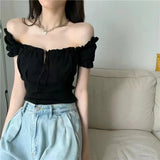 themeisles  New Summer Fashion Y2K T-shirt Woman Sleeveless Shoulder Off Sexy Clothes Crop Top Women Pleated Bandage Tee Shirt Femme