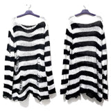 themeisles New Punk Gothic Long Unisex Sweater Summer Women Striped Cool Hollow Out Hole Broken Jumper Loose Rock Thin Dark Streetwear Top