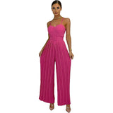 themeisles Summer Casual Suspenders Long Jumpsuit Women Sexy Fashion Solid Sleeveless Sashes Pleated Wide Leg Jumpsuit Orange Female