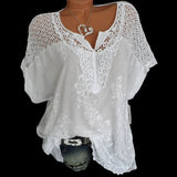 themeisles Summer Short Sleeve Womens Blouses And Tops Loose White Lace Patchwork Shirt 5xl 6xl Women Tops shirts Casual Clothes