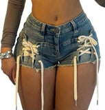 themeisles Fashion Lace-Up Bandage Blue Stretch Denim Shorts for Women Summer Casual Skinny  Short Jeans Sexy Beach Night Club Outfits