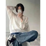 themeisles Hollow Out Knit T-shirt Women Y2K Casual Loose Fishing Net Long Sleeve Female Top Summer Street White Lady Pullovers Tops