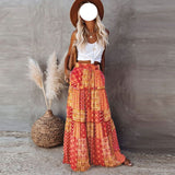 themeisles Summer Long Patchwork Print A-Line Skirt Floral Skirt Women Casual Beach Faldas Female Boho Elastic Waist Holiday Maxi Skirts