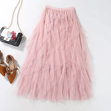 themeisles Tutu Tulle Midi Skirt Women Elegant Fashion High Waist  Irregular Pleated Mesh Long Skirt Spring Summer Party Female