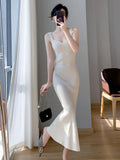 themeisles Korea Summer New Women White Elegant V-neck Knit Slip Long Dress French Black Sexy Club Slim Prom Evening Party Fishtail Dresses